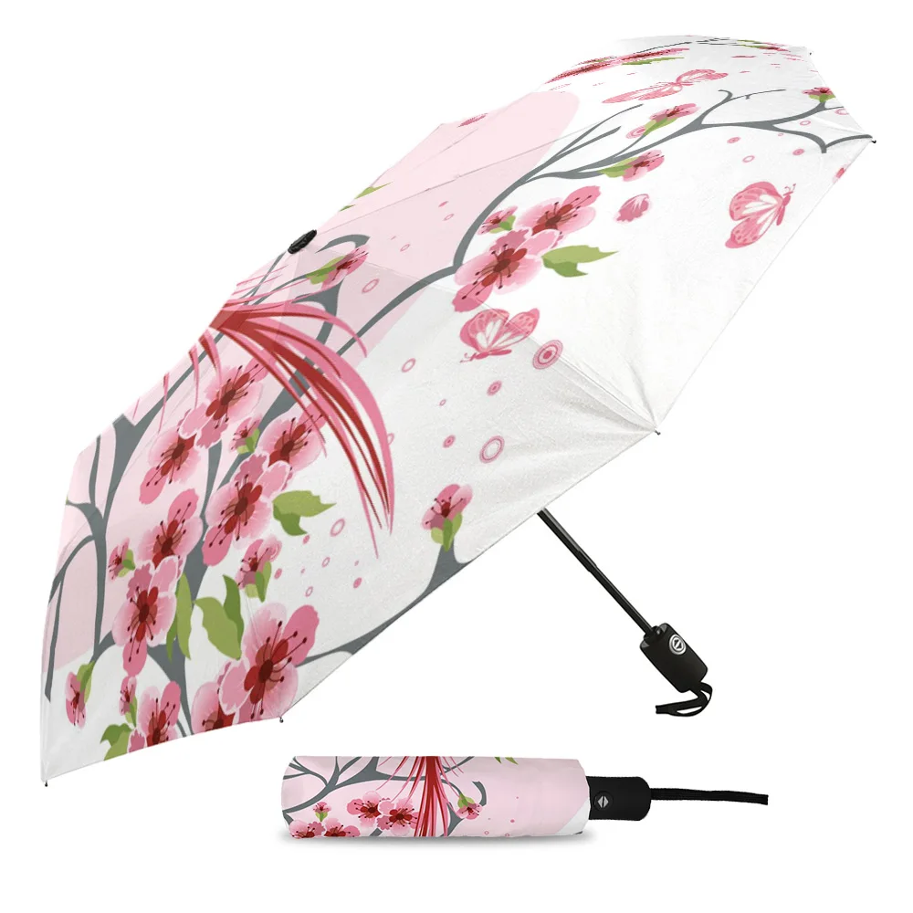 Pink Sakura Birds Automatic Umbrella Men Women Rain Windproof Outdoor Travel Sun Three Folding Umbrellas 8 Ribs Gift Parasol