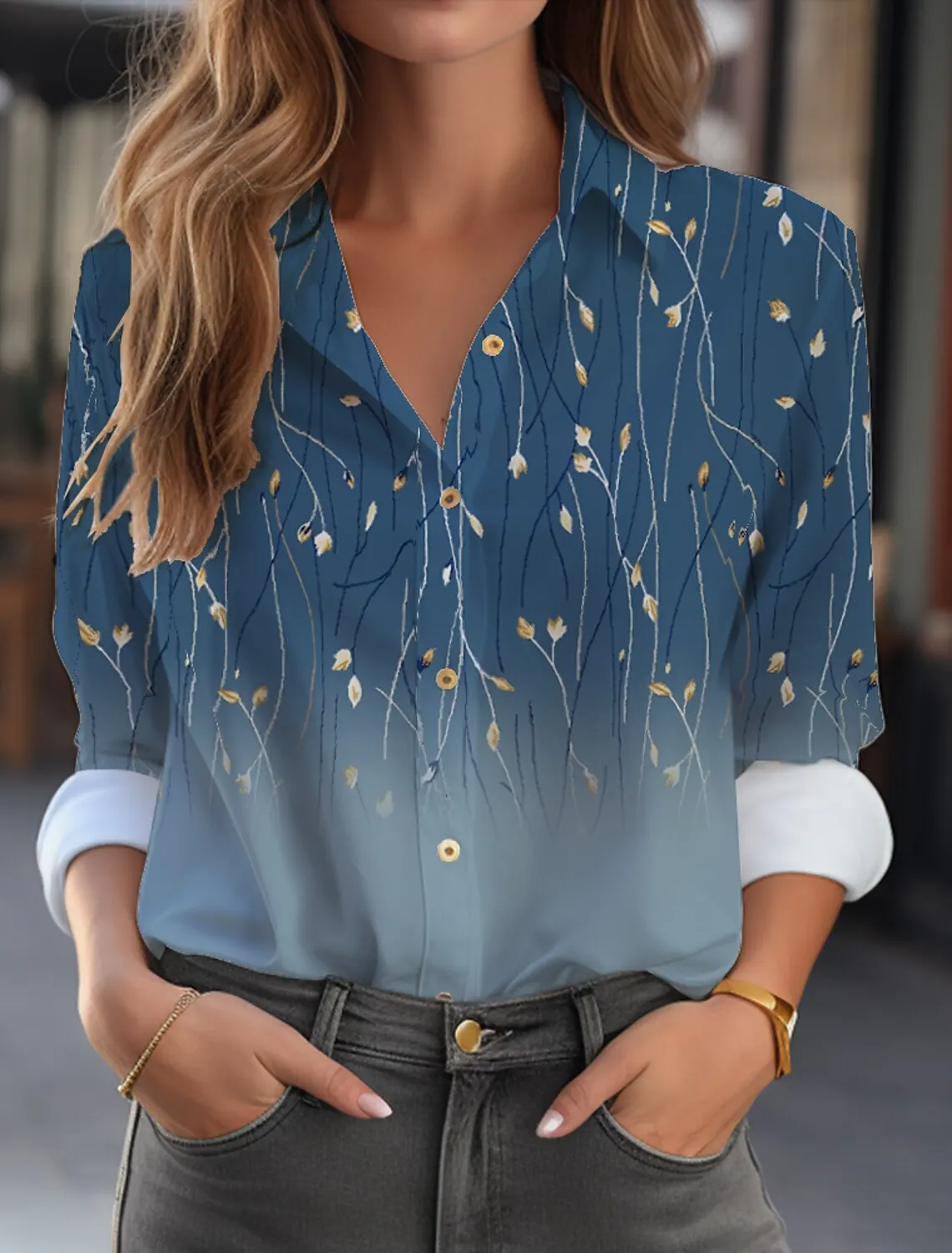 2024 Spring Summer Women\'s Shirt Fashion Office Flare Flower Printed Top Vintage Lapel Long Sleeve Loose Blouse Blusas Mujer