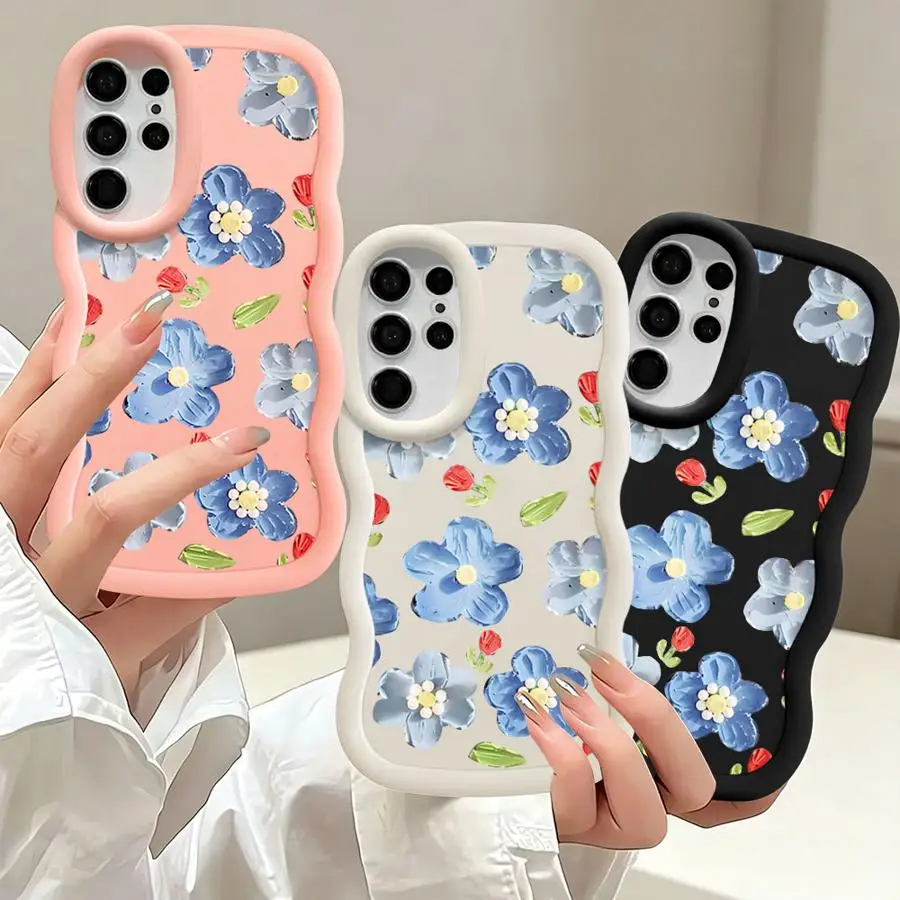 Case for Samsung Galaxy S26 S24+ S20 FE S25+ S22 Ultra S25 S23 Plus S21 S24 Soft Phone Cover Blue Flower Print
