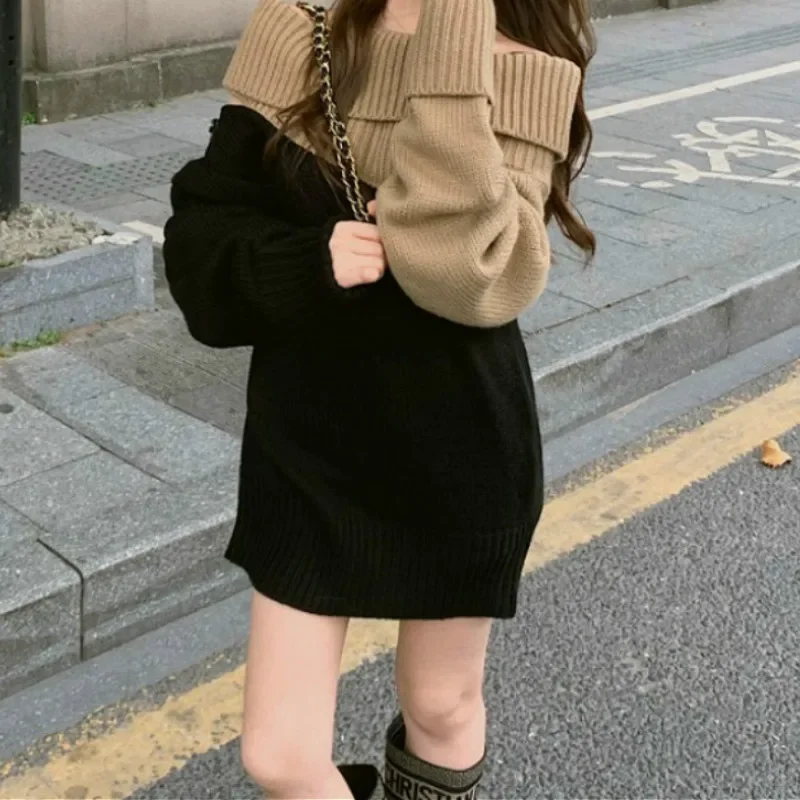 Frauen Pullover Herbst Winter lose lässige Farbe passend dicke Pullover weibliche Mode Patchwork Slash Neck Langarm pullover
