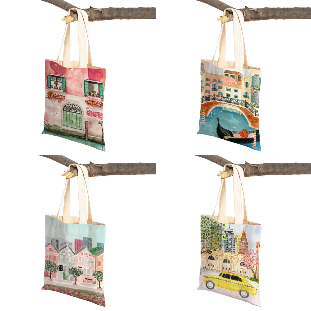 New York France London Venice Japan City Tote Lady Handbag Reusable Foldable Shopper Bag Eco Casual Canvas Women Shopping Bags