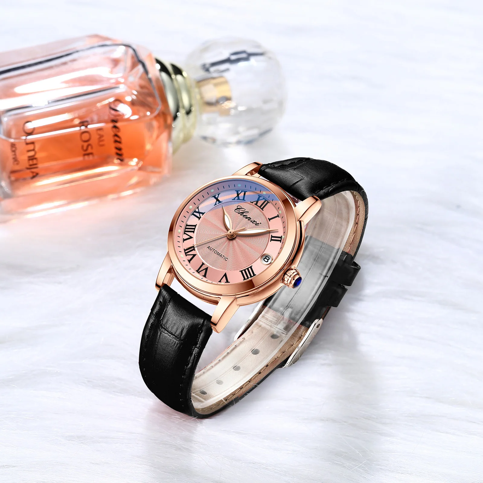 2026 popular simple women's mechanical watch female ins style, niche retro literary Roman digital belt female watch