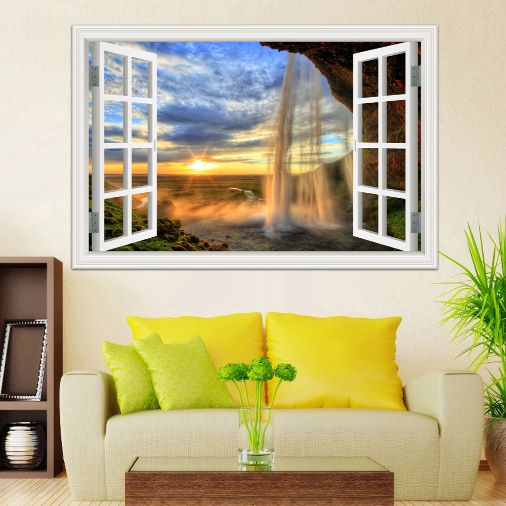 Green Waterfall 3D Window View Wall Decal Sticker, Self-adhesive Mural, Nature Landscape Wallpaper Peel And Stick