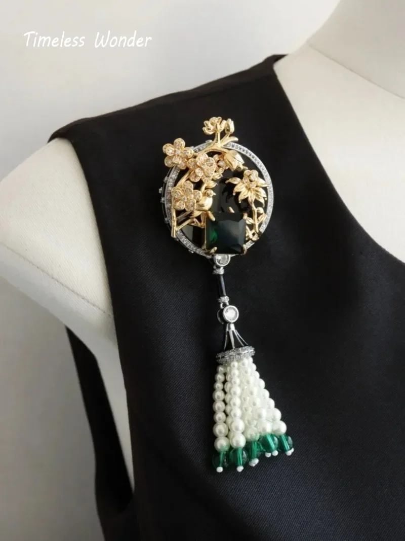 Timeless Wonder Zircon Geo Glass Floral Beaded Brooch Pins for Women Designer Jewelry Runway Top Luxury Cute Chinese Style 6522