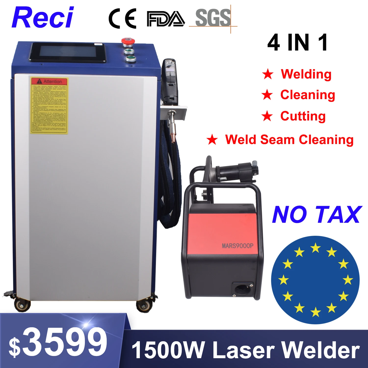 

1500W 4 in 1 Fiber Laser Welding Cleaning Cutting Soldering Machine RECI Handheld Laser Welder for All Metal EU US Stock