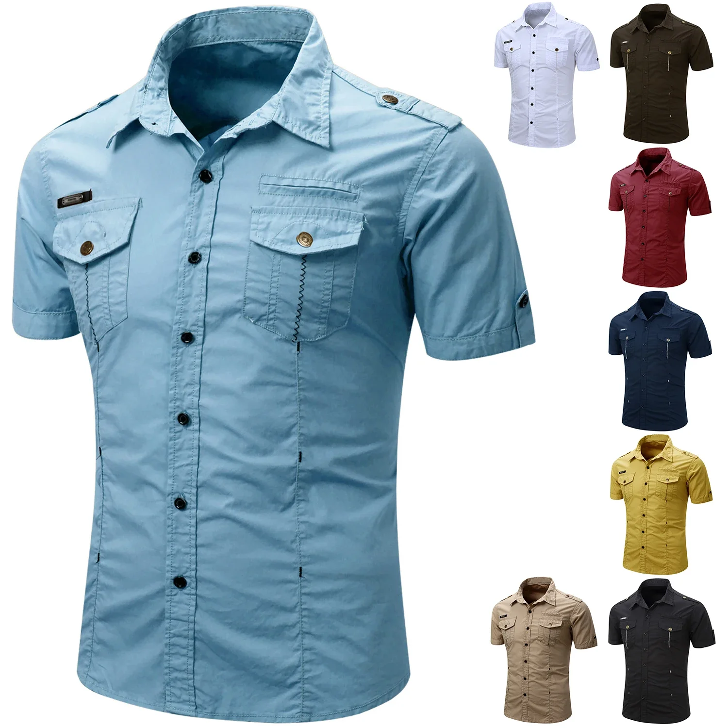 New Fashion Men's Casual Military Tactical Shirt Summer Short Sleeve Solid Color Cargo Work Shirts with Pocket