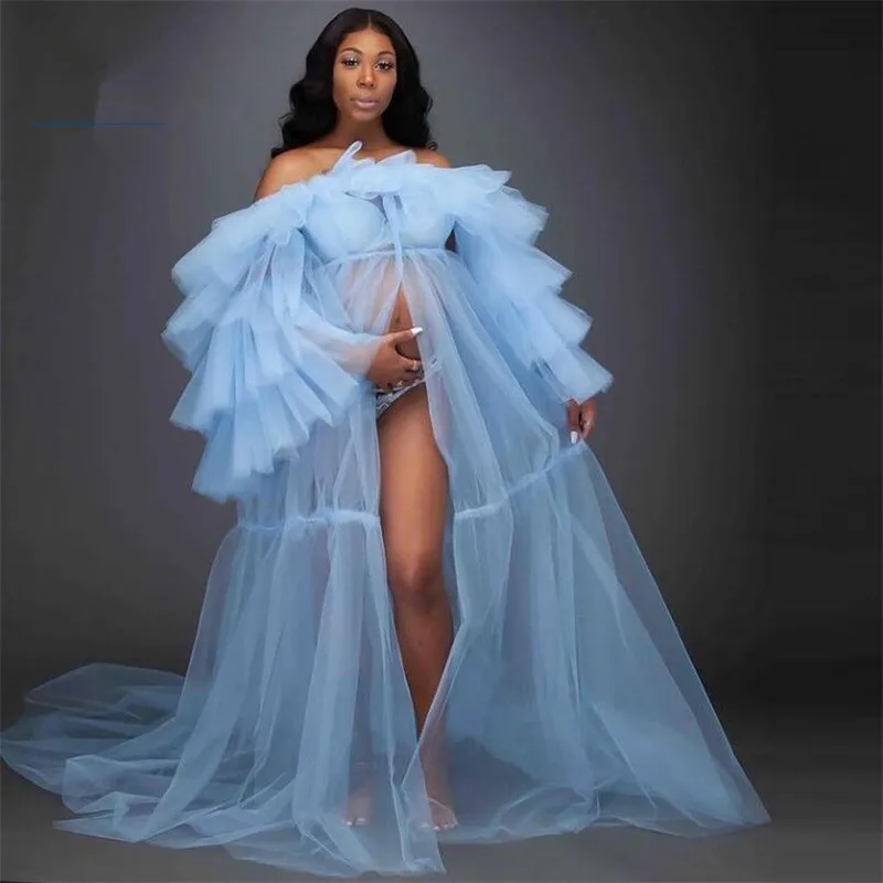 Sky Blue Prom Dress Pregnant Bathrobe Sleepwear Robe For Photo Shoot Maternity Gowns Custom Made Mesh Babyshower