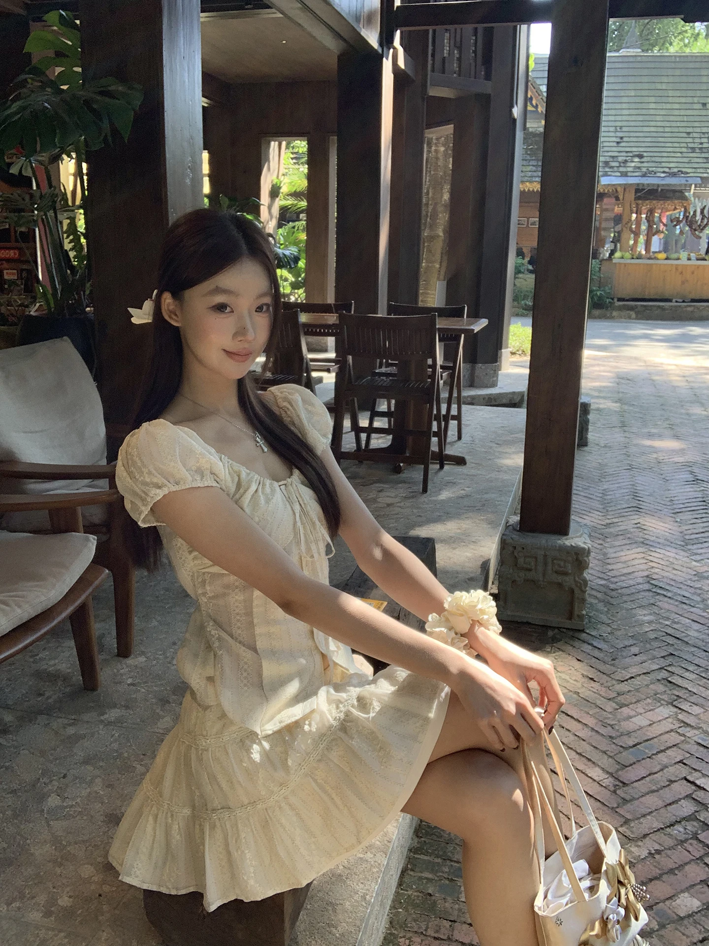 

Элегантная женская блузка с коротким рукавом, новинка 2026 года, летний топ в стиле фей, из смесового хлопка, с рукавами-фонариками, для повседневной носки