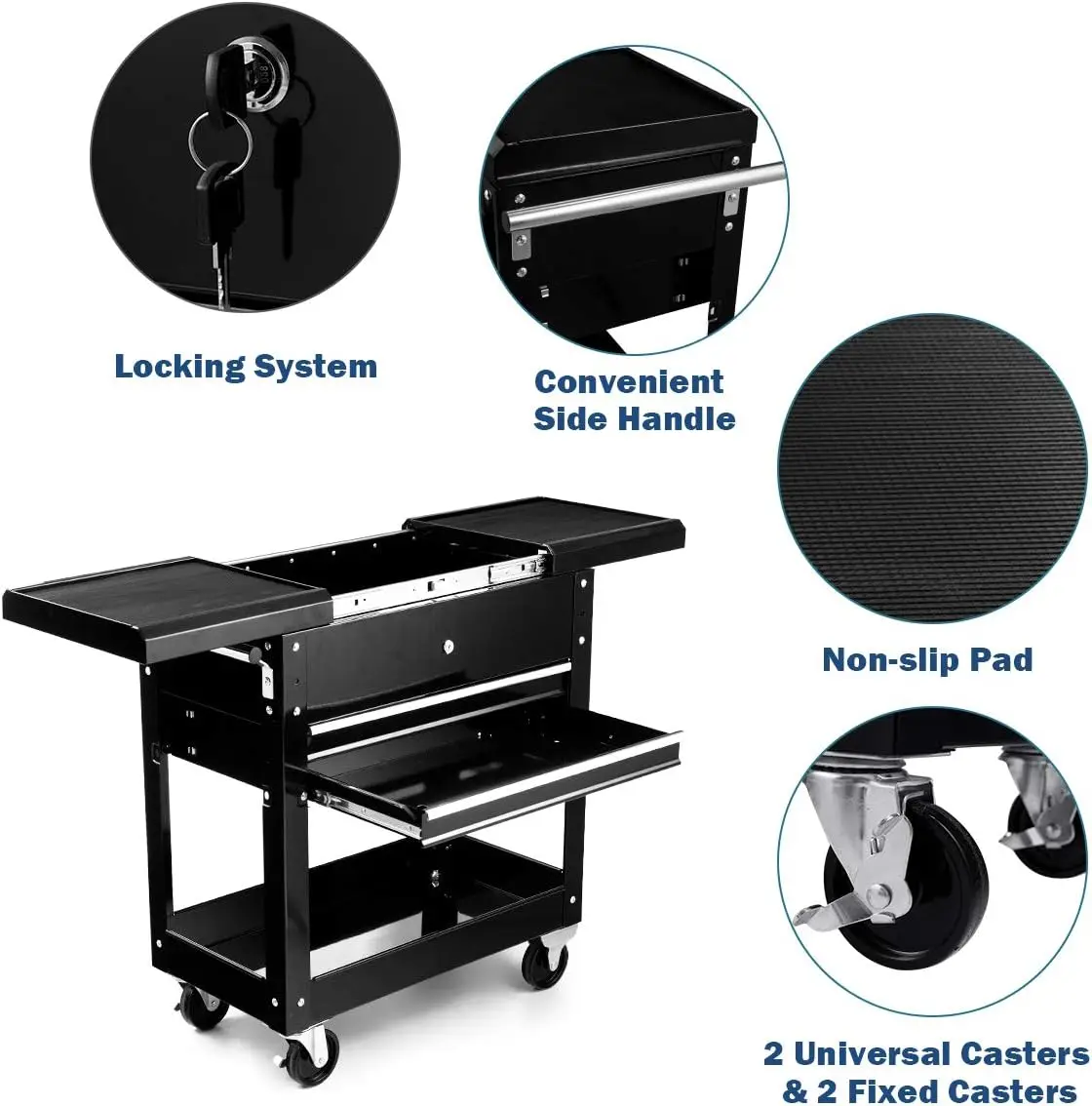 Utility Service Cart Tool on Wheels, Heavy Duty Metal, 4 Tiers Prateleiras com Gavetas, Organizador de Armazenamento de Ferramentas para Armazém