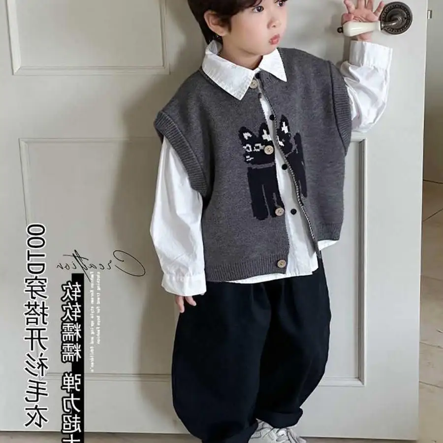 Fashion Boys Clothes Autumn Spring Knit Vest+Shirt+Loose Pants 3Pcs Korean Version Kids Coat Casual Fashion Handsome Streetwear