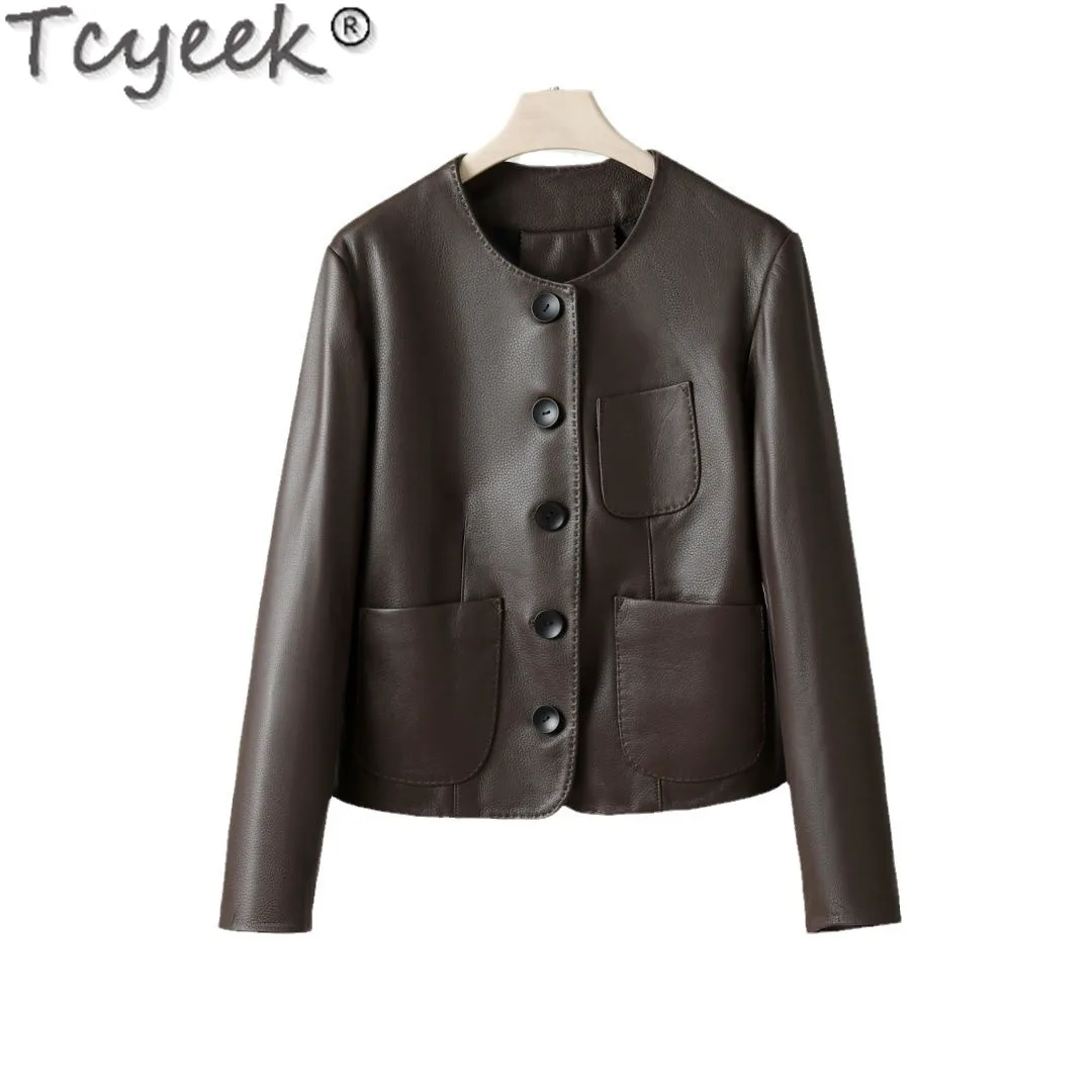 Tcyeek chaqueta De cuero Real para mujer, ropa De primavera y otoño, abrigo De piel De cabra, chaquetas De cuero para mujer, novedad en prendas De vestir exteriores, chaqueta De cuero