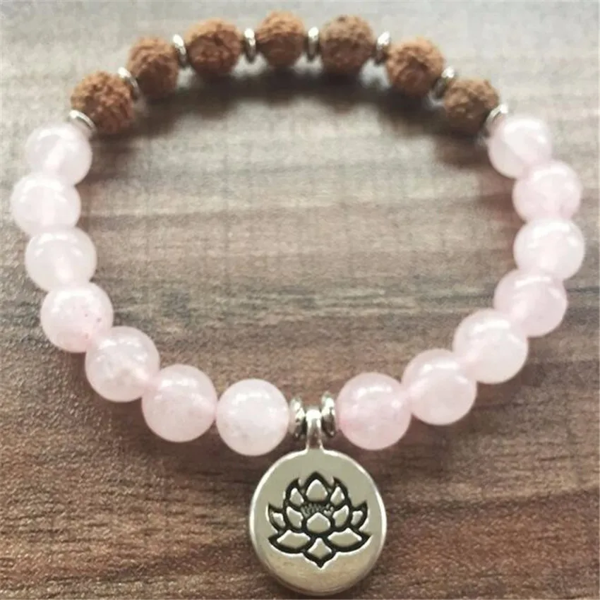 

8mm Pink crystal Gemstone Rudraksha Mala Bracelet 7.5 inches Handmade Chain Women Beaded Men Stackable Link Teens Prayer