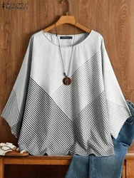 ZANZEA Women Blouse Korean Fashion Long Sleeve Tops Bohemian Colorblock Stripes Splicing Tunic Casual Loose Holiday Autumn Blusa