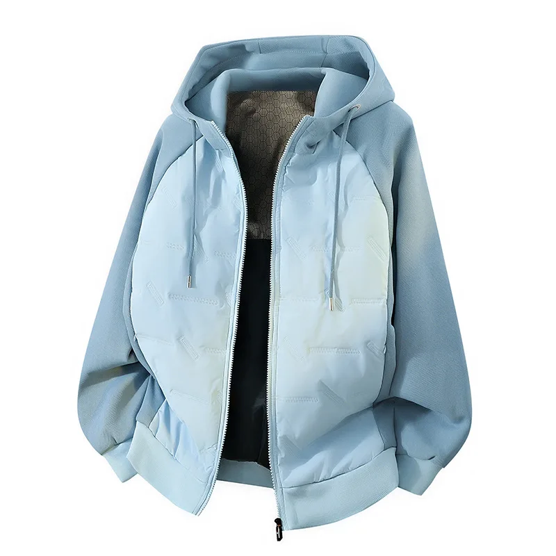 男性ダウンジャケット秋冬ファッションコントラストカラーパッチワーク男性フード付きコート厚みのある長袖無地男性アウター