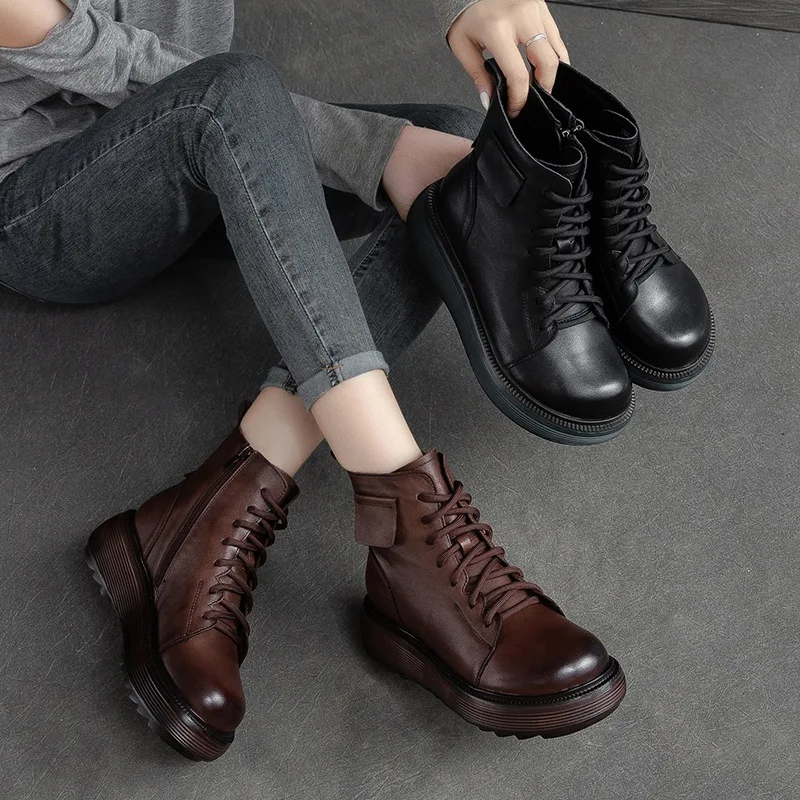 Koznoy 6cm Retro mokasyny wysokiej marki moda bydlęca prawdziwa skóra botki platforma sznurowane damskie buty wiosenne jesienne mieszkania