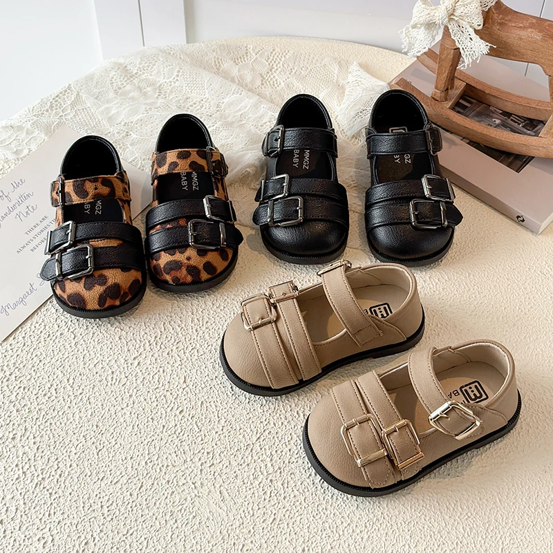 

Autumn Girl's Leather Shoes Buckle Leopard Solid Color Kids Flats For Toddler Stylish Non Slip Soft Sole Children Shoe 21-30