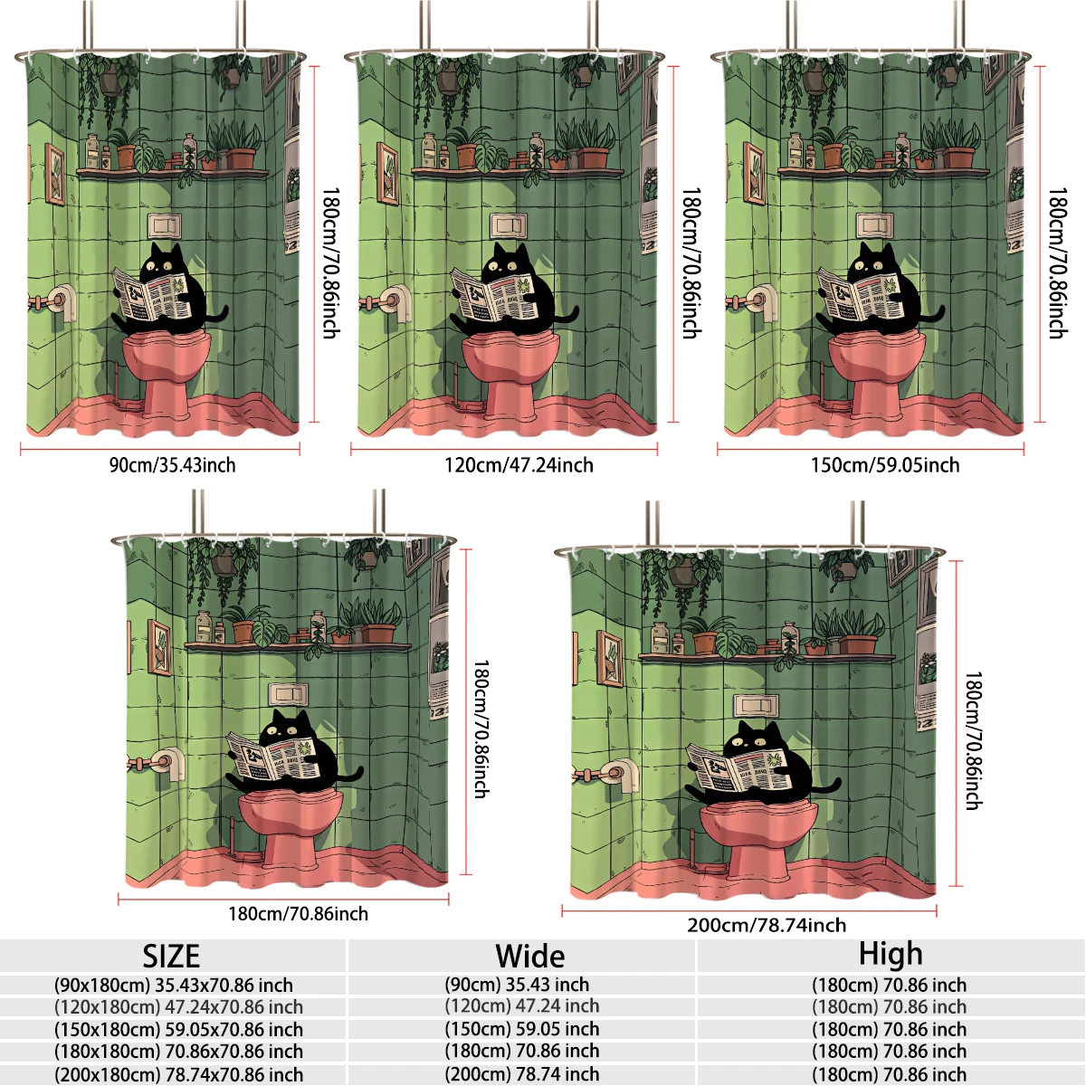 1PC Retro Bathroom Newspaper Reading Black Cat Shower Curtain, Waterproof Shower Curtain, Partition and Privacy Hanging Curta view 2