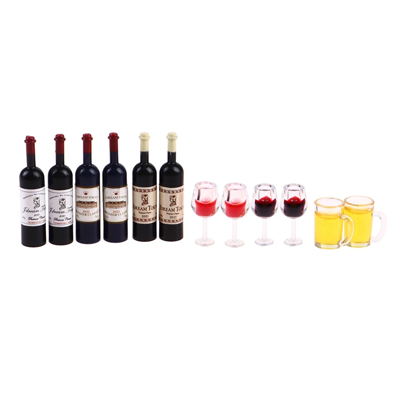 5Pcs 1/12 Dollhouse Miniature Resin Bottles Mini Red Wine Bottles Glasses Cups Modle Kitchen Furniture Doll House Accessories