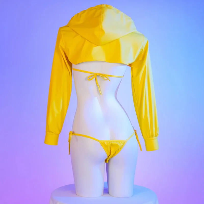 2025 New Anime Pu Leather Bikini Set Hoodie Top Cosplay Costume Sexy Japanese Girl Underwear Nightgown Role Play Student Outfits