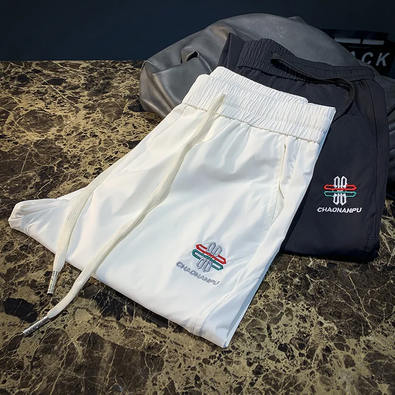 Casual pants men's summer new elastic high-end embroidered ankle pants ultra-thin trendy sports pants