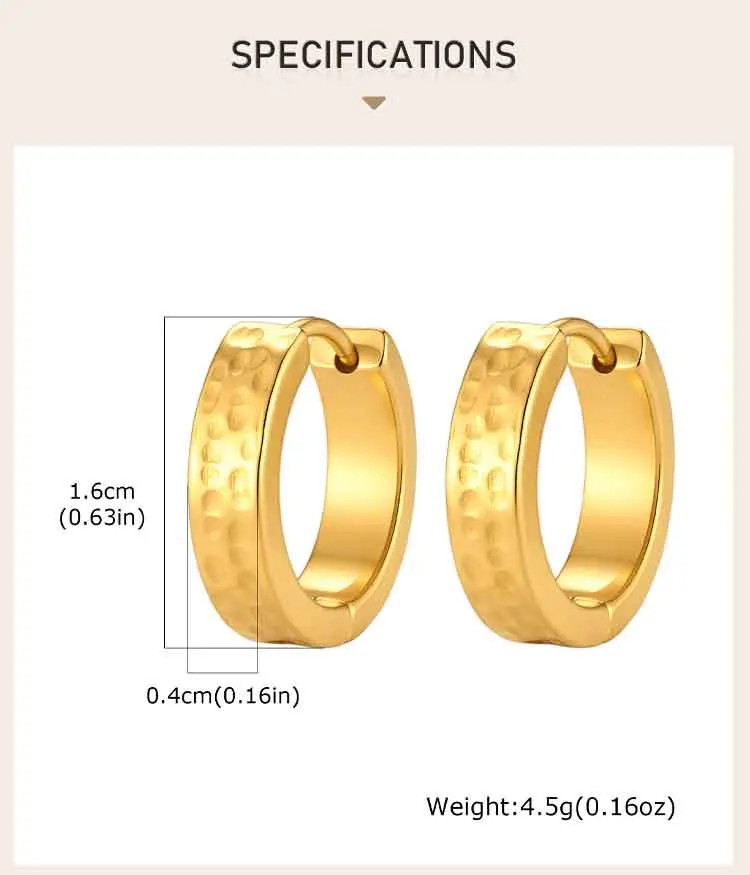 18K vergoldete Creolen für Damen, gehämmerte Huggie-Ohrringe aus Edelstahl, hypoallergene Vintage-Ohrringe, Schmuckgeschenk – Detail 2