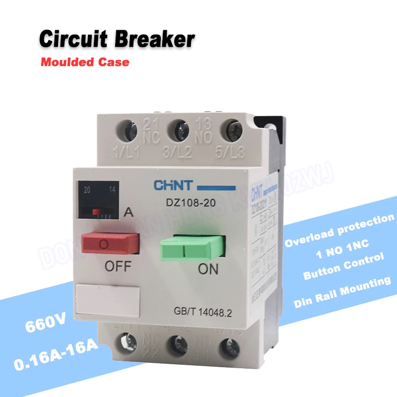 1 Pcs DZ108-20 Motor 6.3 Switch 230V 0.16A-16A Moulded Case Circuit Breaker Household Mini Air Switch  1No 1Nc Button Controls