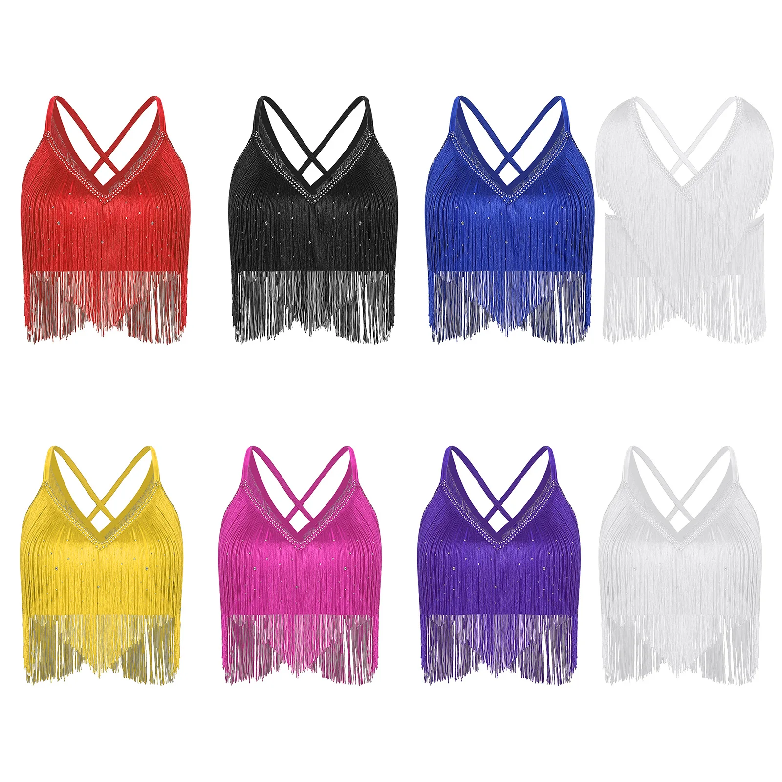 レディース ラテン チャチャ ダンス パフォーマンス コンペティション コスチューム V ネック ノースリーブ クロス バック フリンジ クロップ トップ サルサ ルンバ サンバ