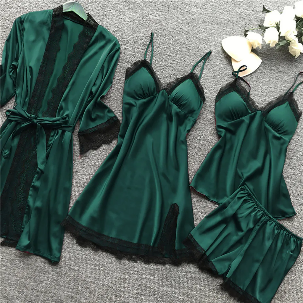 4 Pieces Pajamas Sets Satin Sleepwear Women Silk Nightwear Pyjama Strap Lace Sleep Lounge Pajama with Chest Pads