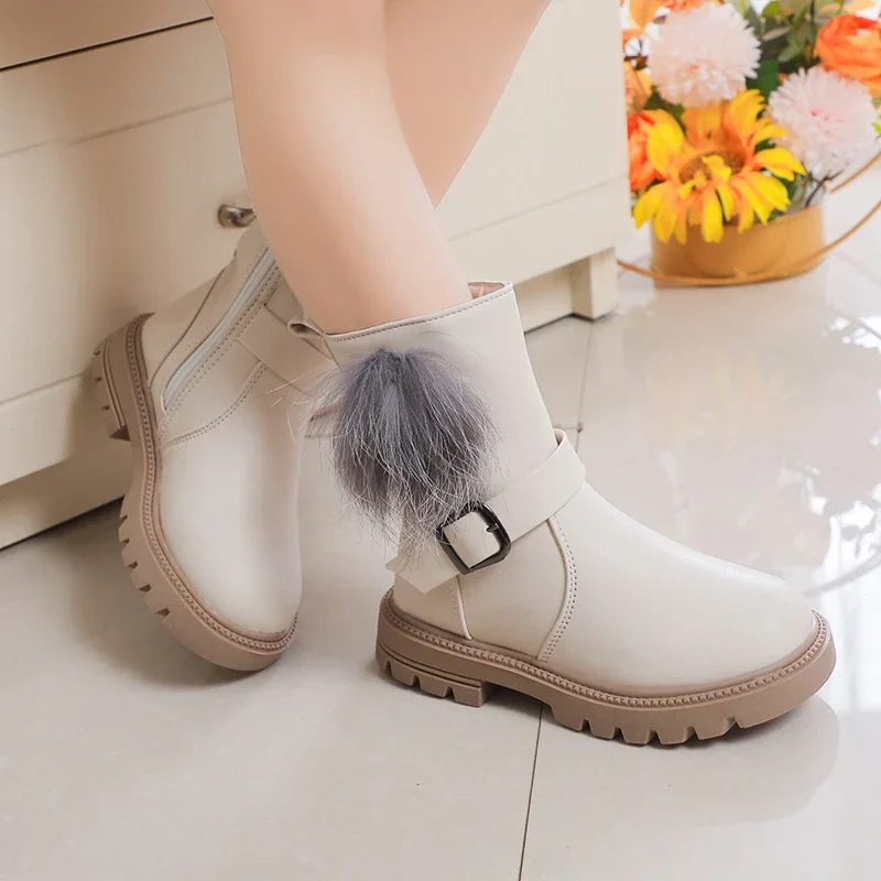 Girls Princess Boots with Fluffy Hairy Ball Cute Warm Autumn Winter Kids Rubber Boots Sweet Fashion Side Zipper Anti-skid Soft