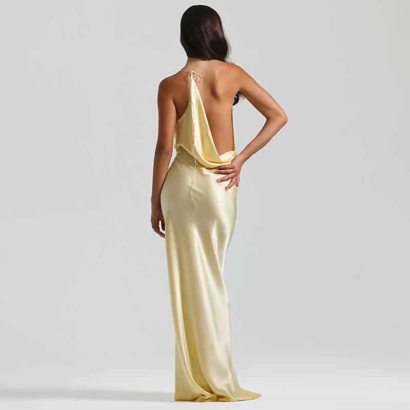 Fashion Hot Girl Solid Color Slim Dress Elegant Lady Backless Satin Party Long Dresses Sexy Swinging Collar Halter Evening Dress