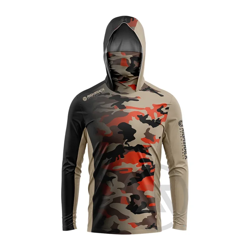 RIGHTTRACK Mask Hoodies Fishing Clothing UPF50  UV Camo Hunting Climbing Camping Hiking Breathable Outdoor Sports Apparel