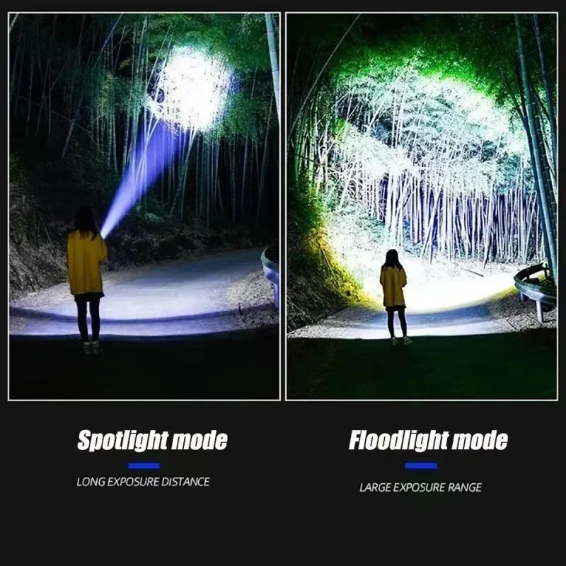 3000000LM High Power LED Flashlight 4500mah Built-in Battery Torch Ultra Bright Telescopic Zoom Powerful Lantern with Tail Light