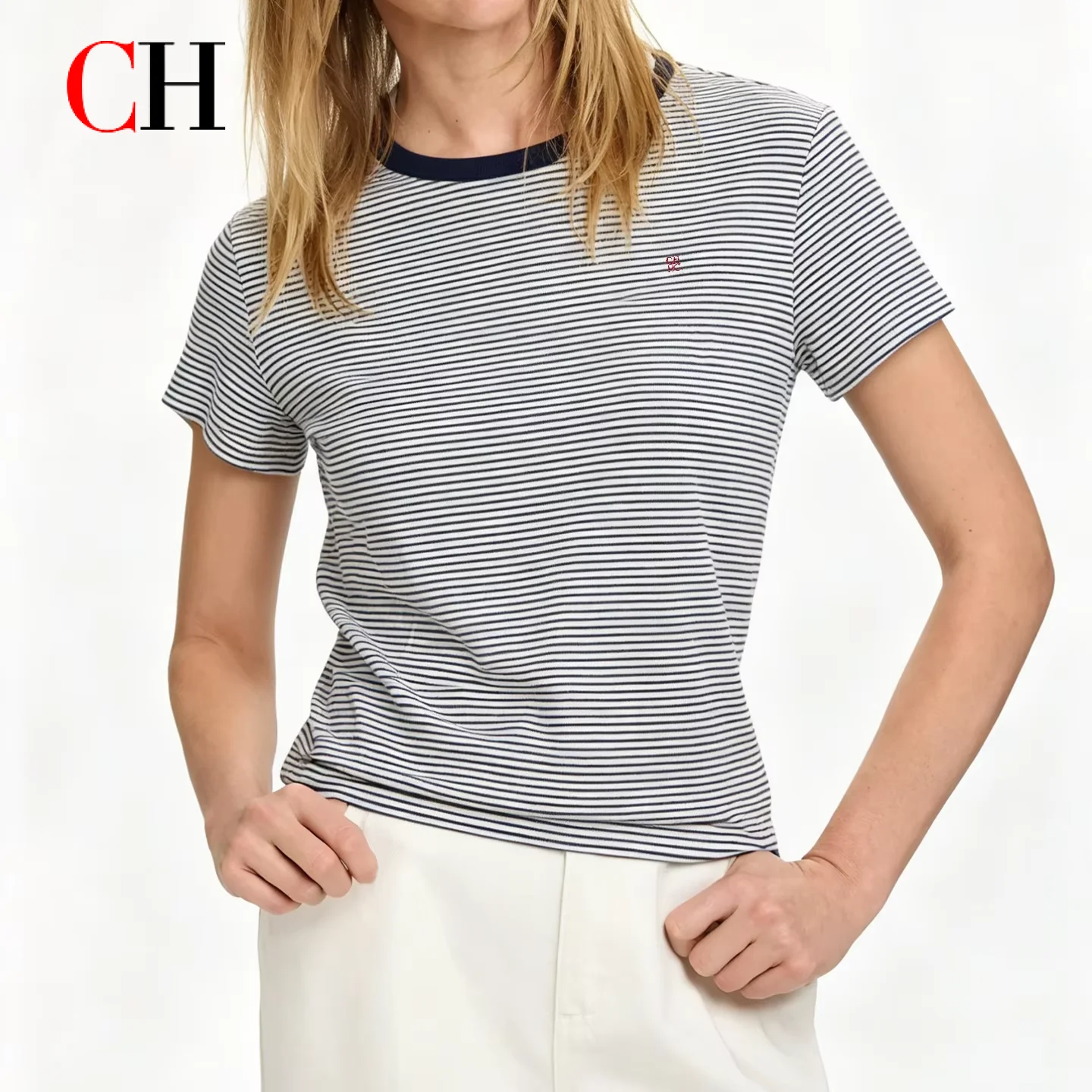 CH Stripe Embroidery Short Sleeve T Shirt Women Minimalist Crew Neck Slim Fit Premium Fabric Casual Tops