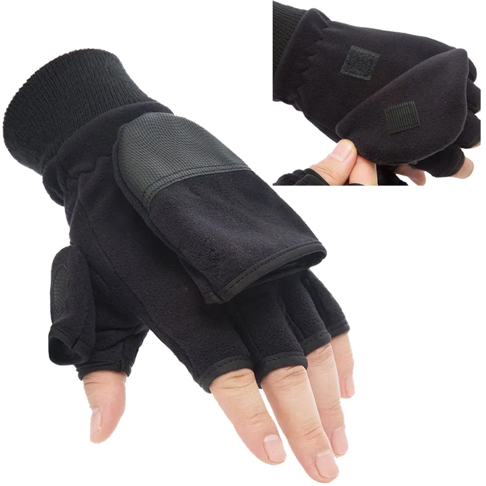 Winter warm Gloves Fingerless Convertible Thermal Mittens Gloves Windproof Polar Fleece Warm men women double-layer Flap Gloves