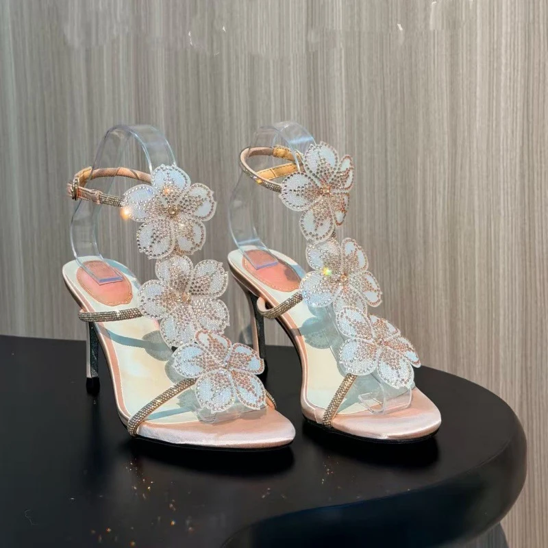 Champagne 3D Flower Rhinestone High Heel Sandals 2026 Open Toe Crystal Ankle Strap Stiletto Pumps Wedding Party Evening Shoes