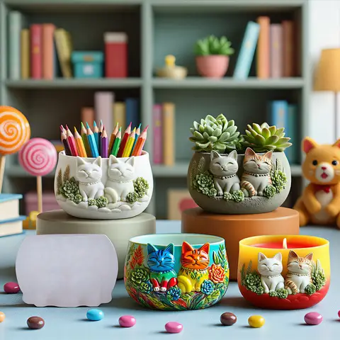 Katze Relief Blumentopf Harz Silikon Form Tier Kerze Glas Formen Beton Sukkulenten Plan Blumentopf Stift Halter Form Wohnkultur