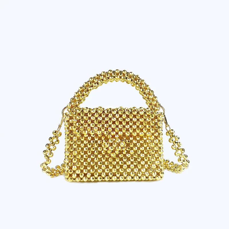 

New Gold Acrylic Beaded Crystal Bags Metal Texture Handheld One Shoulder Crossbody Chain Customized Women's Small Square Bag