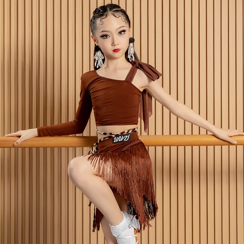 أطفال ملابس الرقص اللاتينية الفتيات بذلة سوداء طويلة الأكمام بلايز شرابة تنورة تشا تشا رومبا سامبا أزياء رقص الأمريكية اللاتينية