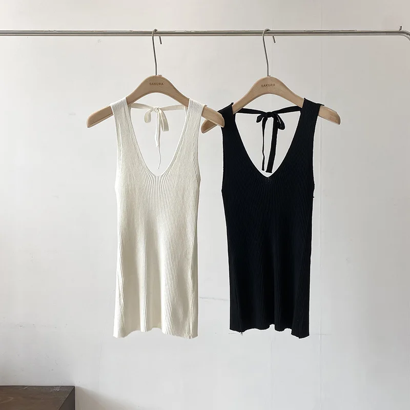 Tanques sólidos com decote em v feminino verão sexy senhoras elegantes topos projetados rendas sem costas streetwear férias moda coreana aconchegante