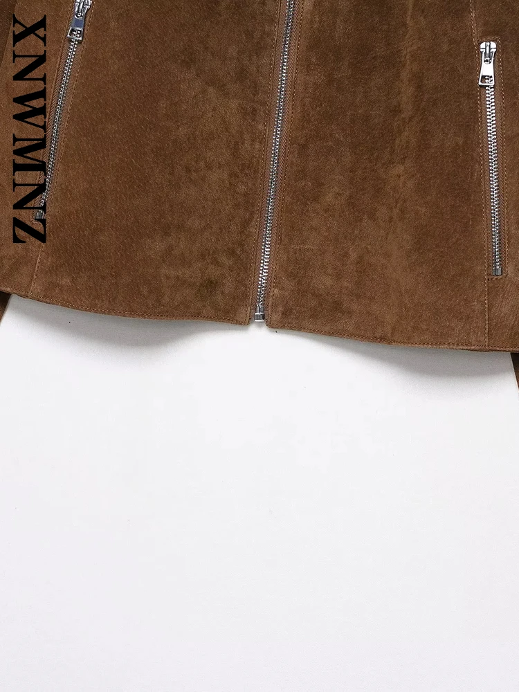 XNWMNZ 2025 Herfst Vrouw Vintage Woon-werkverkeer Turn-down Kraag Leren Jas Eenvoudige Mode Vrouwen Kleding BRUIN Casual Bovenkleding