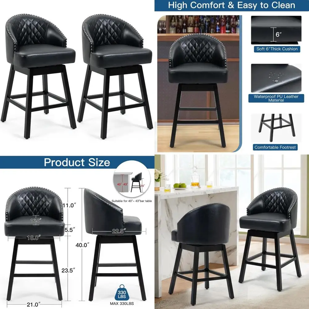 مجموعة من 2 29 مقعدًا دوارًا عاليًا مع أرجل من الخشب المطاطي، جلد صناعي لمقعد طاولة المطبخ