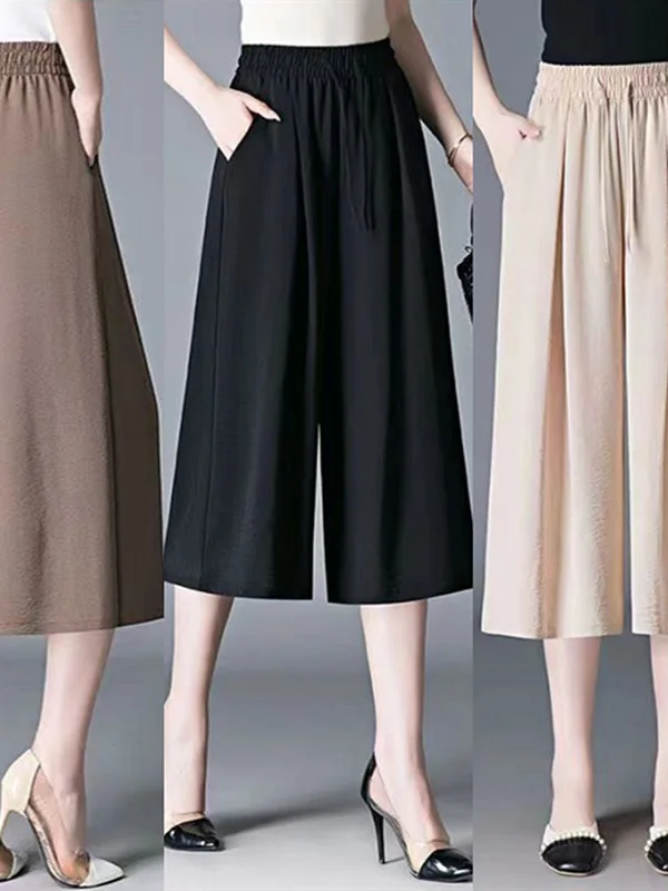 Pantalon à jambes larges en soie glacée pour femmes, jupe fine et ample drapée, décontracté, coréen, taille haute, en Fiber de Polyester, été