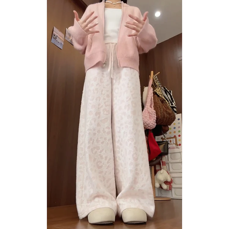 Pantalones informales de punto con estampado de leopardo rosa para mujer, cintura alta, holgados, pierna recta, Otoño Invierno, Faion Sweet Sle