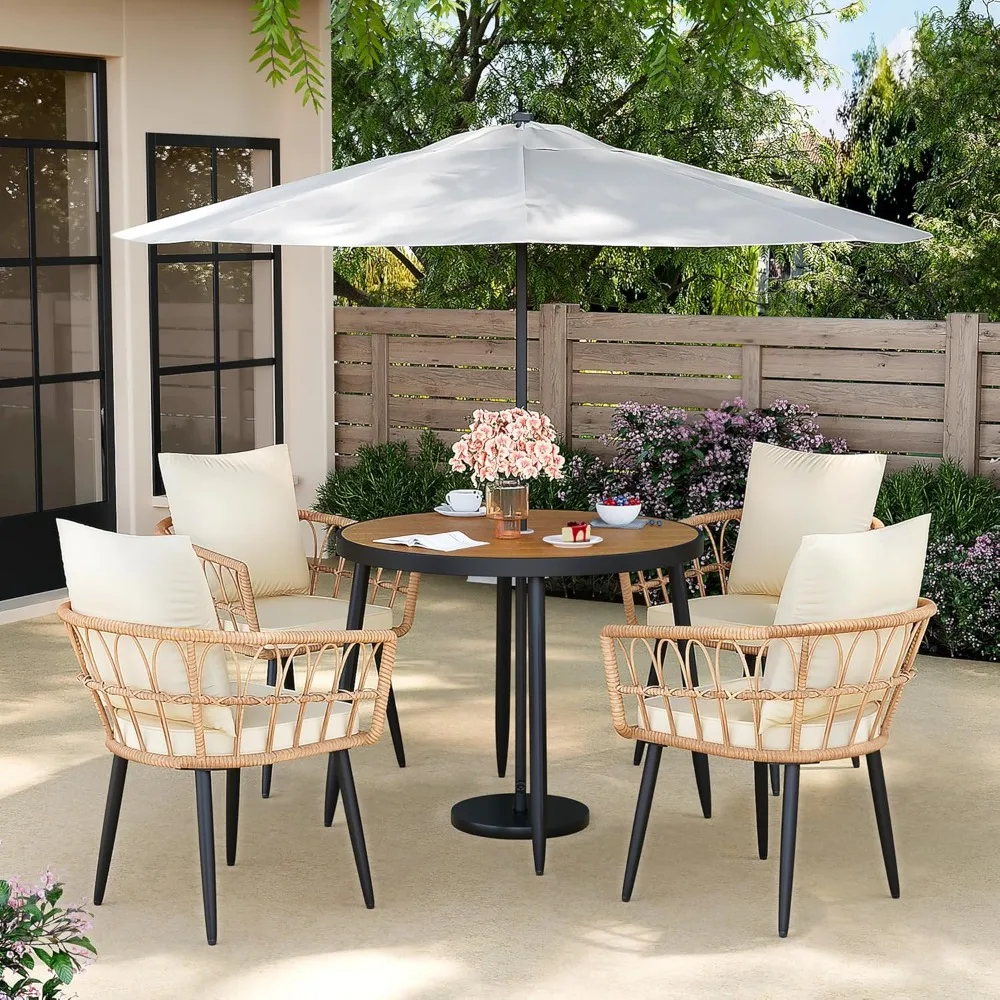 

5-Pieces Patio Dining Set with Wood Table Top, All-Weather PE Rattan Patio Furniture Set, Outdoor Dining Furniture