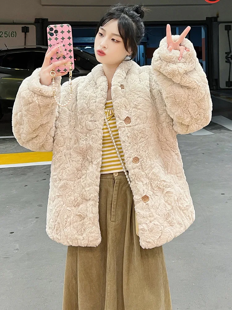 2023 Autumn/Winter New Lamb Hair Faux Fur Coat for Women with Thickened Fleece and Loose Young Rex Rabbit Hair Coat for Korean V