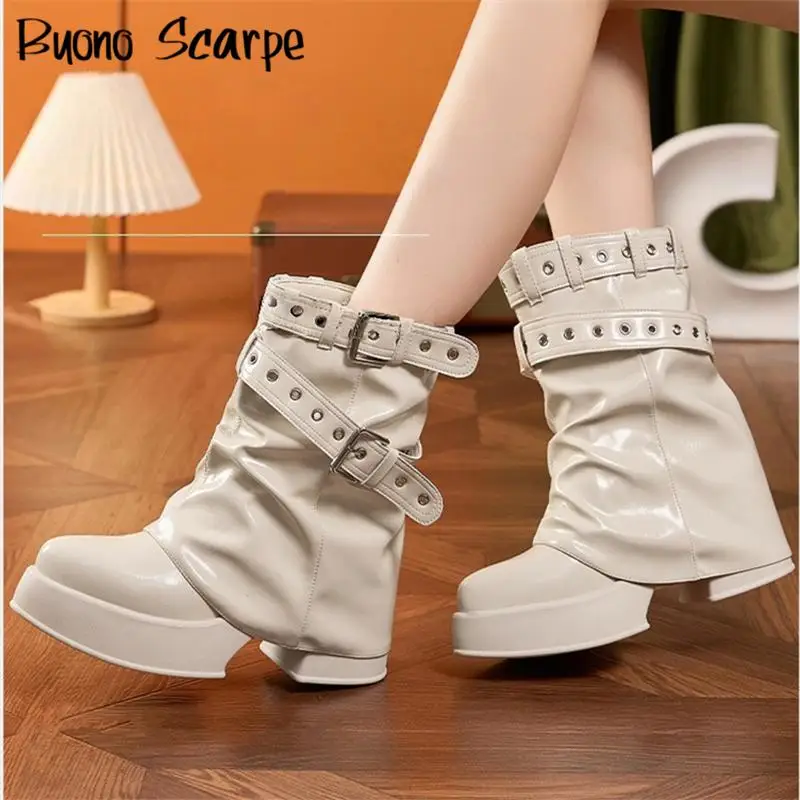 

2025 Punk Style Belt Buckle Pointed Toe High Heels Women Boots Solid Color Slip On Thick Bottom Fashion Western New Sexy Shoes