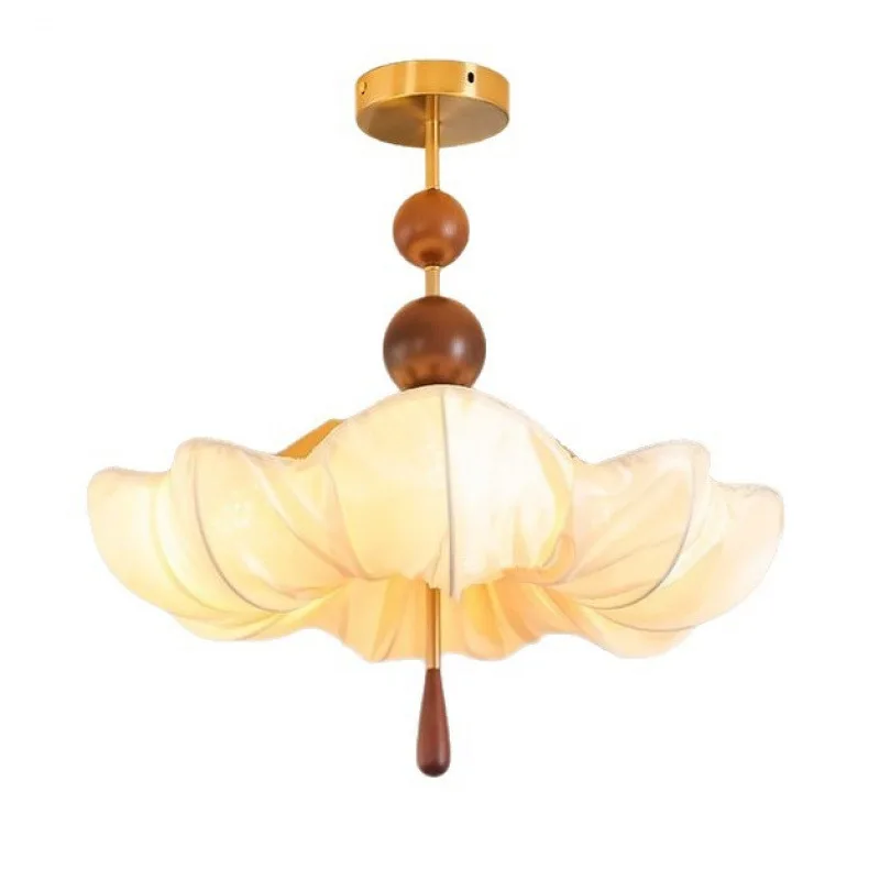 

French medieval bedroom lamp retro cream wind lamp master bedroom half chandelier lotus leaf creative walnut ceiling lamp