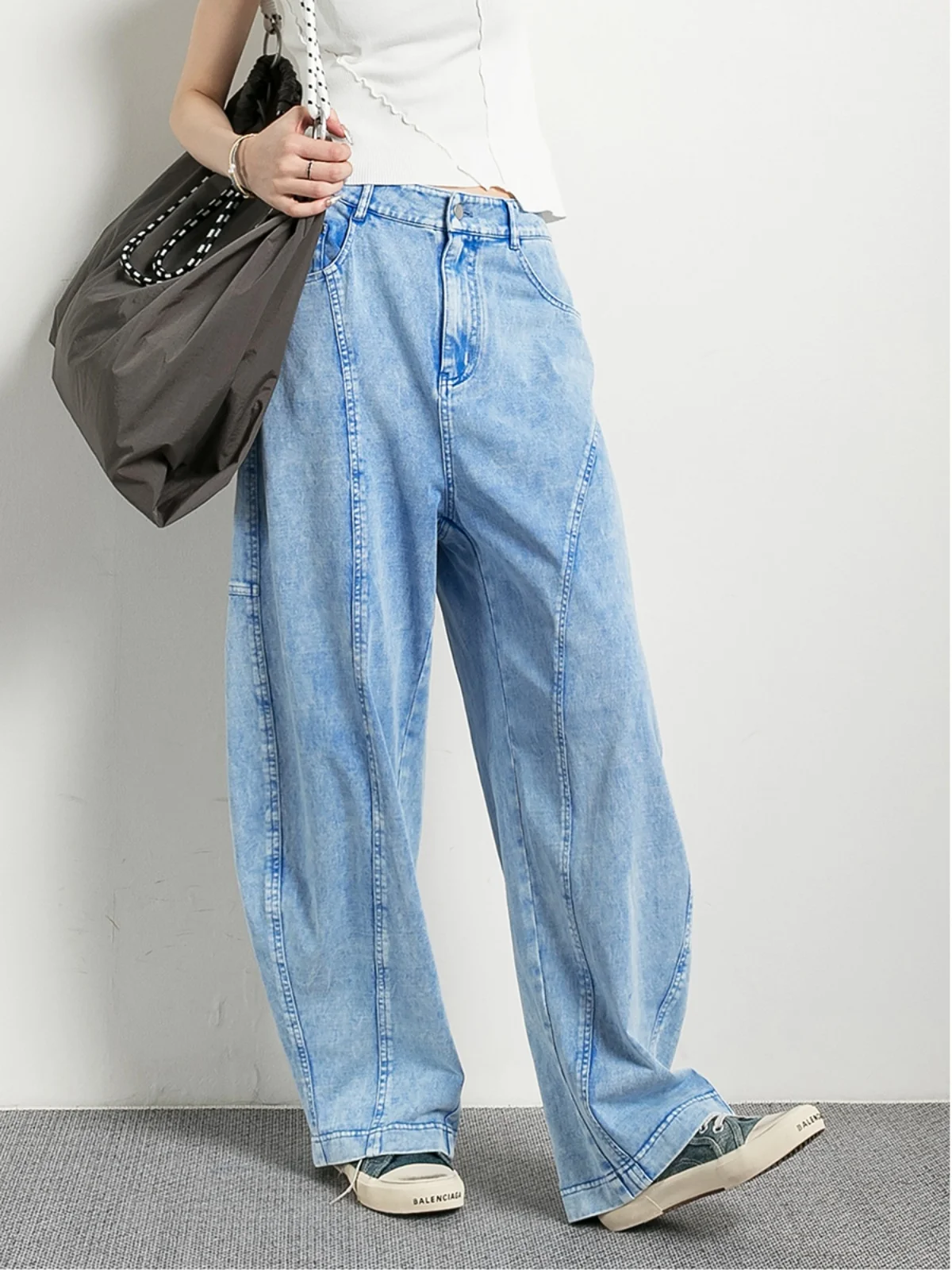 

Tide PA Blue Knife Women's Jeans High Waist Decorative Stitching Denim Spring Autumn New Arrival Loose Fit No Stretch