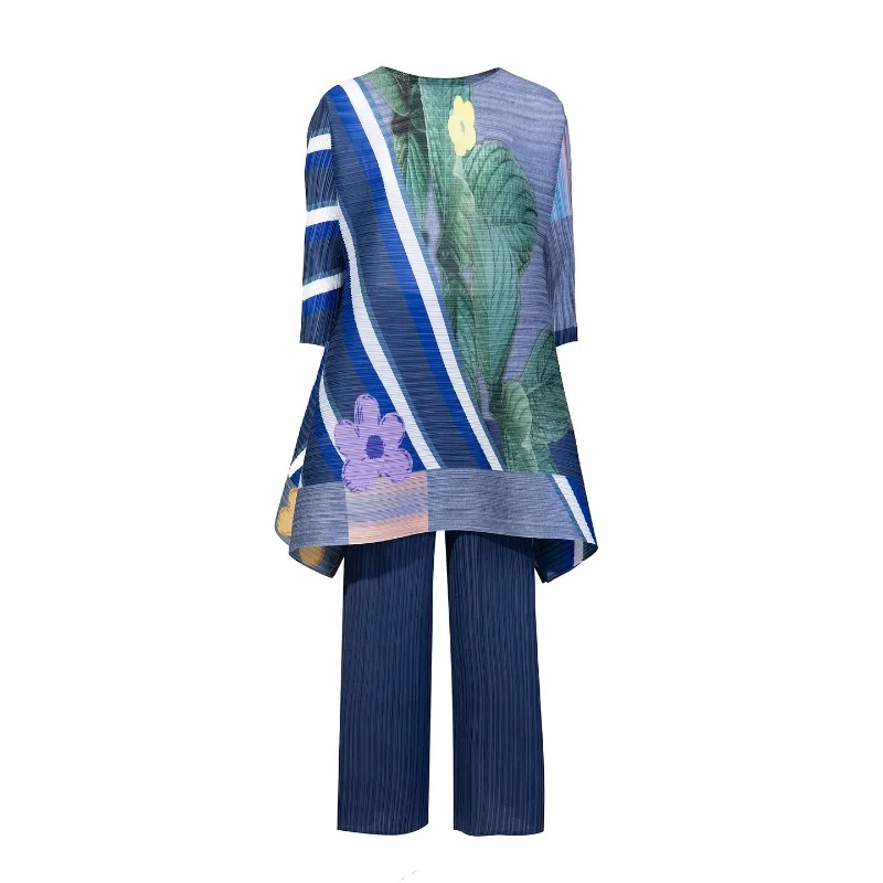 

Miyake Printed Pleated Long Top 2026 New Round Neck Long Sleeve T-Shirt Wide Leg Pants 2-Piece Set Women's Lightweight Clothing