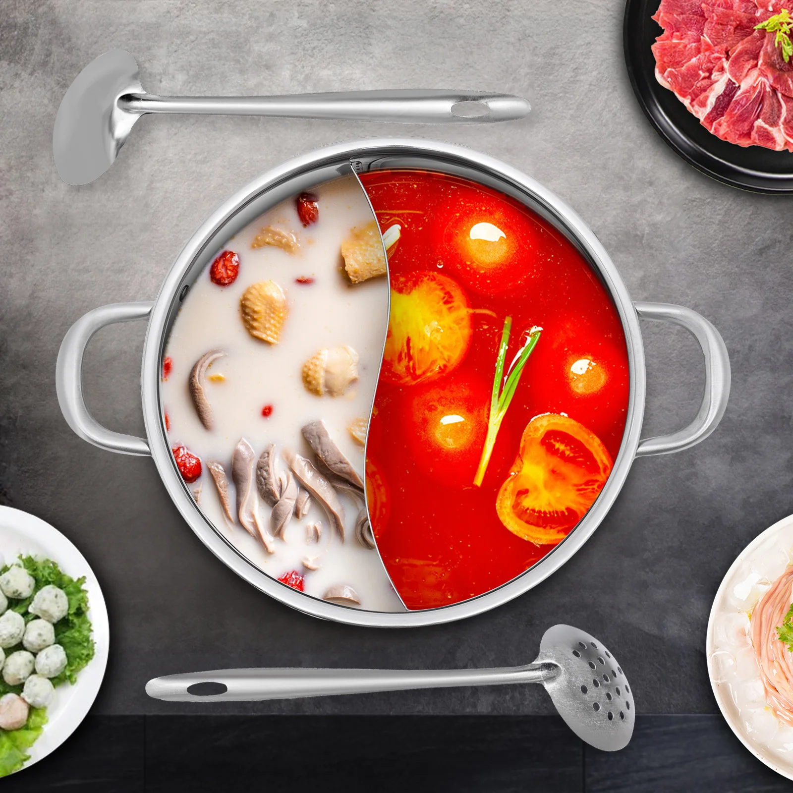 Olla caliente dividida de acero inoxidable con tapa de vidrio | Incluye cuchara y colador para servir | Perfecto para comidas familiares y entretenimiento.